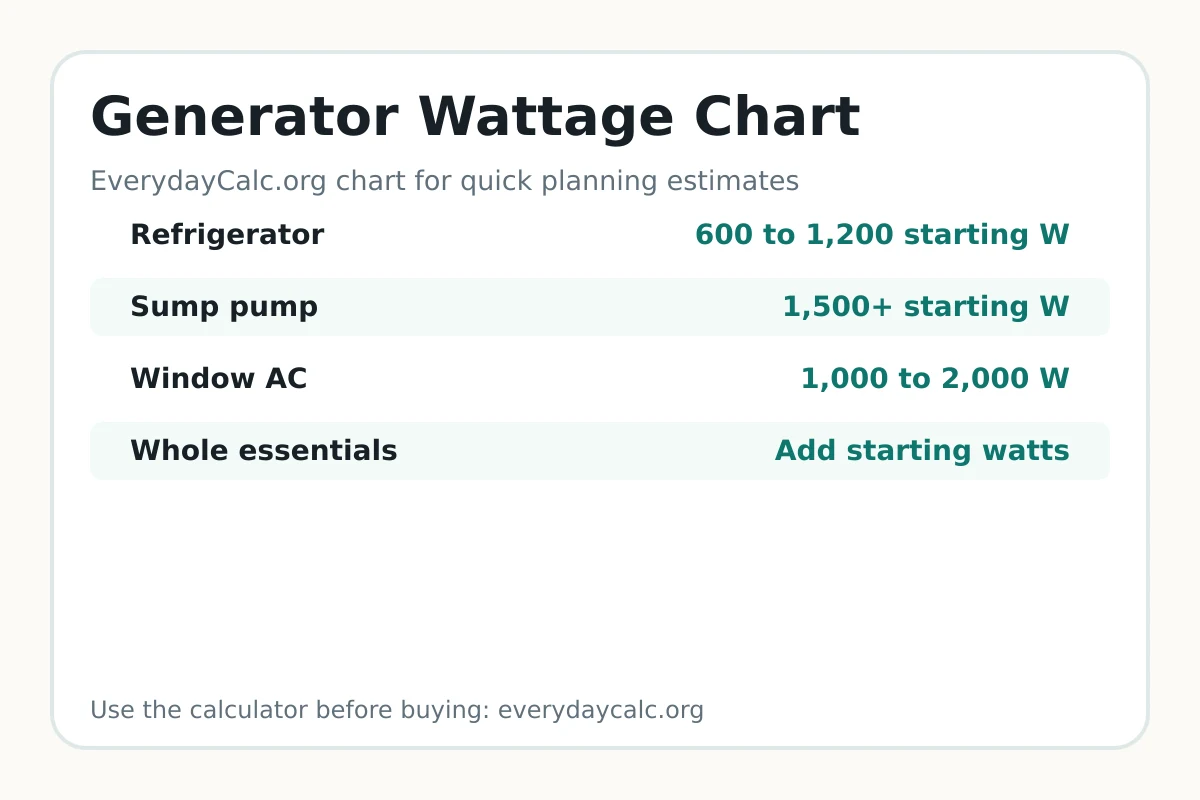Generator wattage chart for common household loads